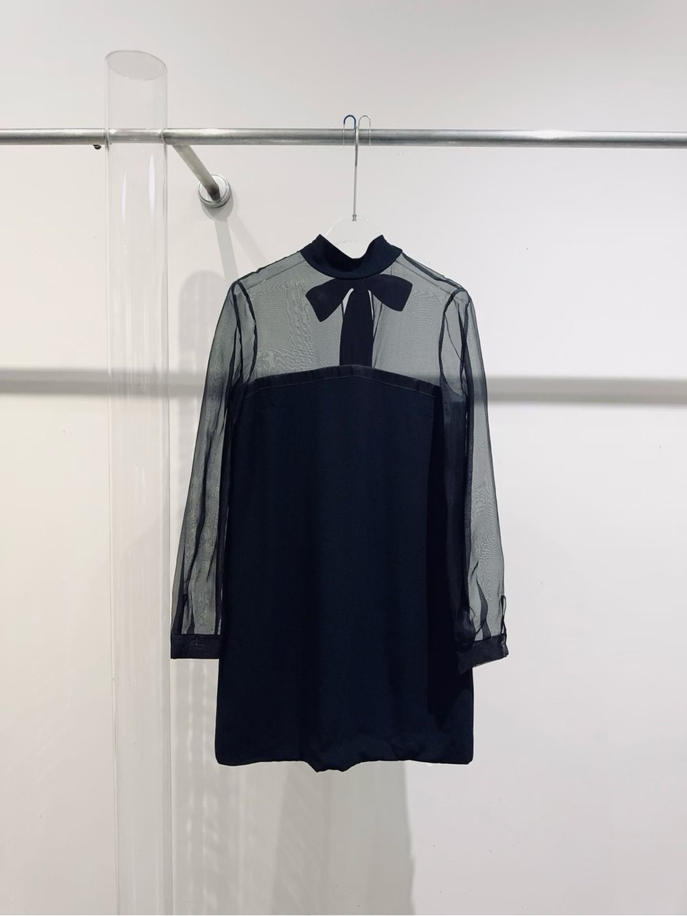 🚩steal Miu Miu Black Sheer Bow-Accent Long Sleeve Dress